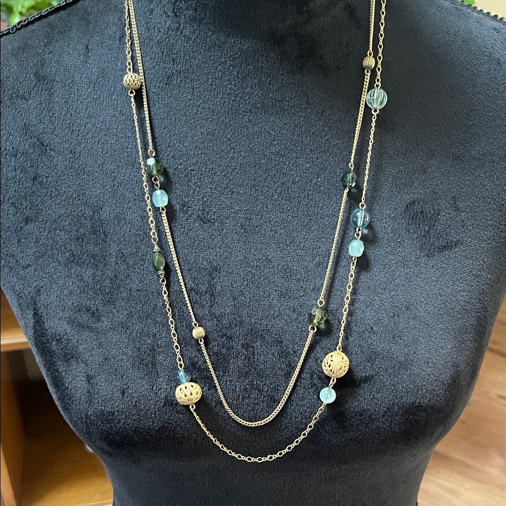 Baked Beads Double Strand Green And Gold Long Necklace